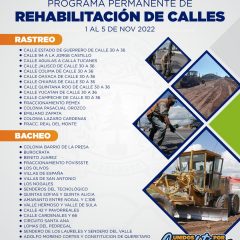 Programa de rehabilitación de calles del 1 al 5 de noviembre.