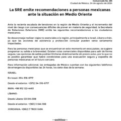 La SRE emite recomendaciones a personas mexicanas ante la situación en Medio Oriente