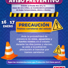 Emite Protección Civil Estatal aviso preventivo ante pronóstico de fuertes vientos y lluvias.