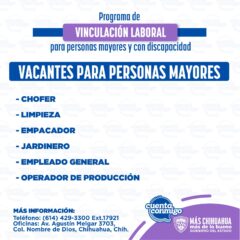 Gobierno del Estado ofrece nuevas vacantes laborales para personas mayores.